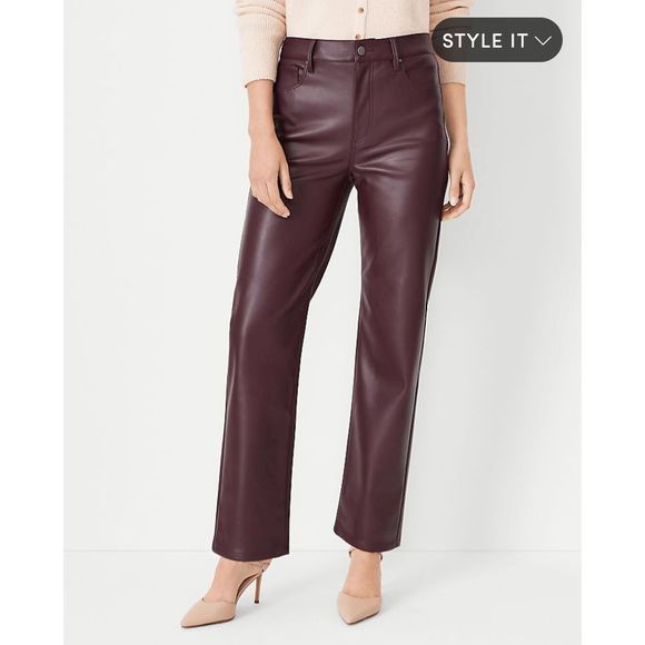 Ann Taylor NWT The Five Pocket Straight Pant IN Faux Leather Plum SZ 8, MP $129 - Picture 1 of 10